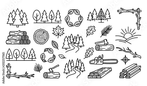 Konstfotografi Forest wood industry and lumberjack theme icons with trees, logs, and chainsaws