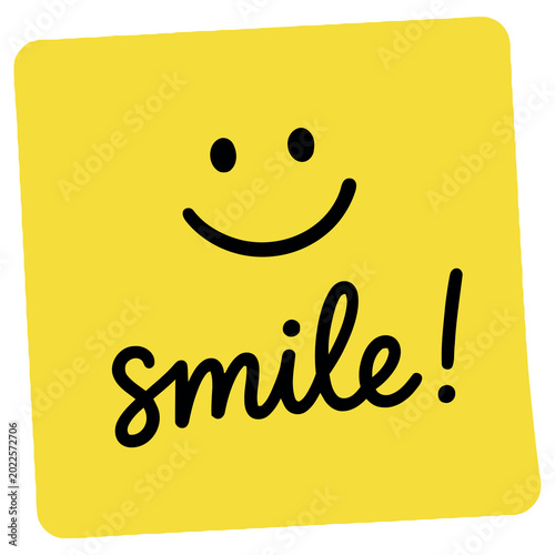Smiling face emoticon on yellow background with smile text
