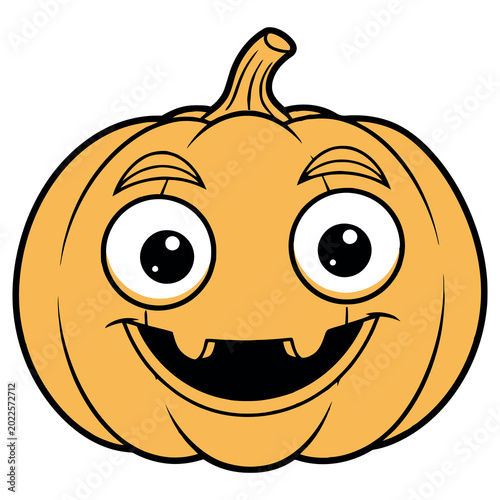 Smiling cartoon pumpkin with big eyes and teeth on white background
