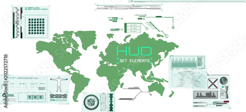 Global HUD Interface World Map Data Visualization Elements Set. Futuristic Technology Concept
