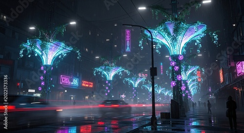 Nighttime Cityscape with Illuminated Palm Trees and Neon Lights.