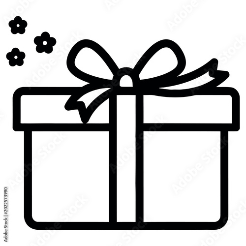 Gift box with bow and flowers on white background simple icon