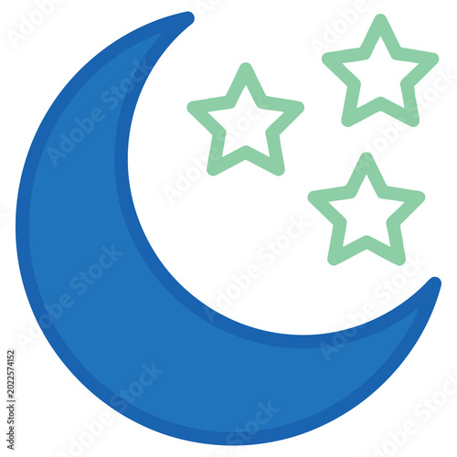 Blue crescent moon with green stars in night sky symbol