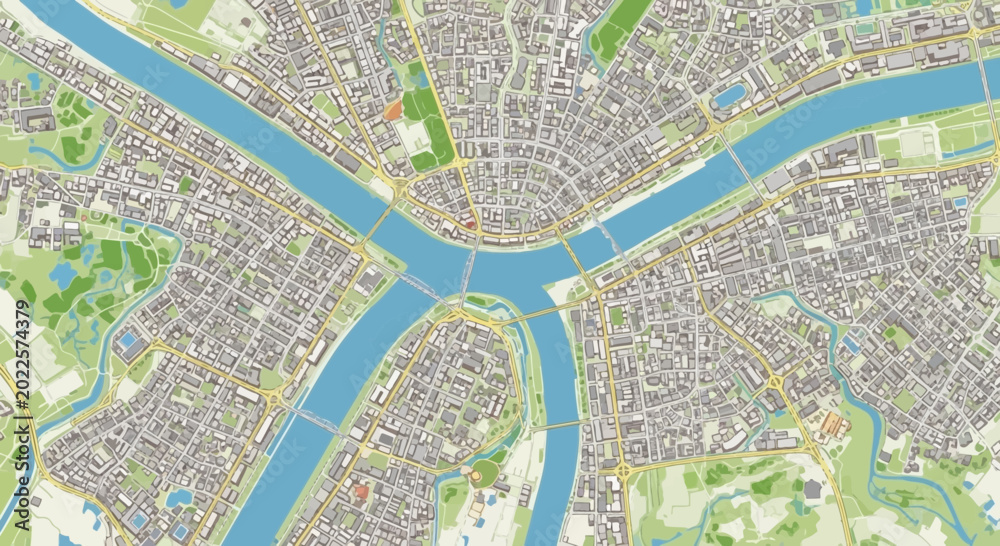 Fototapeta premium Detailed top-down urban map showcasing a bustling city's intricate layout, major river, numerous connecting bridges, and green spaces, ideal for navigation and urban planning concepts