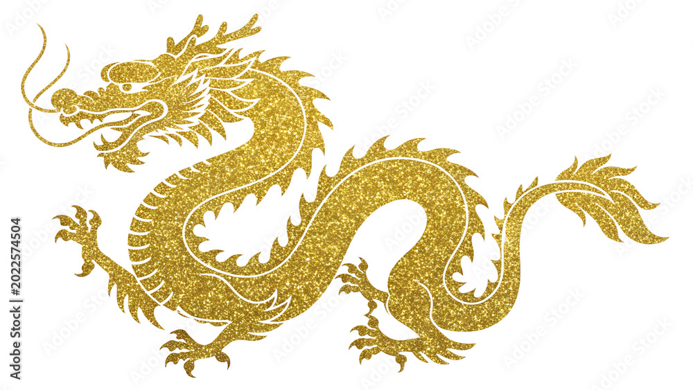 Fototapeta premium Golden dragon with golden glitter on white background