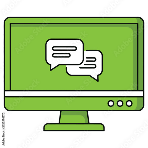 Green computer monitor with chat bubbles on screen display