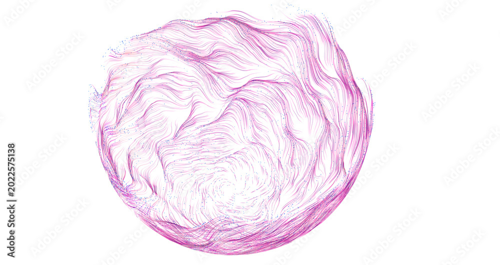 Obraz premium Dynamic abstract spherical shape created by countless flowing pink particles against a clean white b