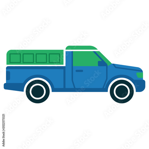 Blue pickup truck with green canopy on back side view