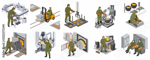 Photos Isometric icons set of factory workers in protective gear performing various tasks in a metal smelting foundry and production line
