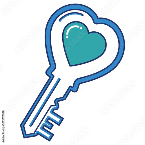 Heart shaped key with blue outline and teal heart