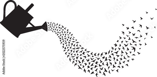 Photos Black silhouette watering can pouring flock of birds, vector illustration, bird