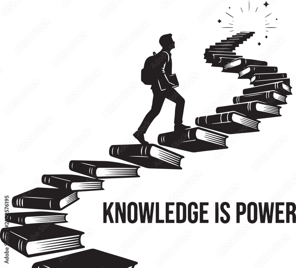 Fototapeta premium Education, knowledge and success concept, man climbing book staircase, inspirational quote