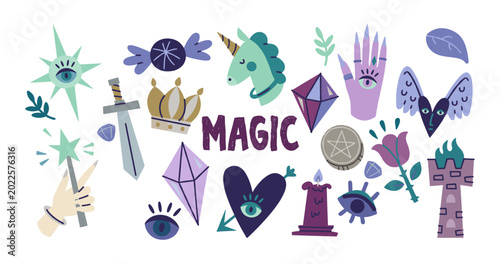 Quadro em tela Magical objects and symbols of fantasy and enchantment with fantasy art enchantm