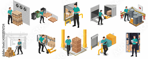 Obraz na plátne Isometric Warehouse Worker Collection: Logistics, Distribution, and Inventory Ma