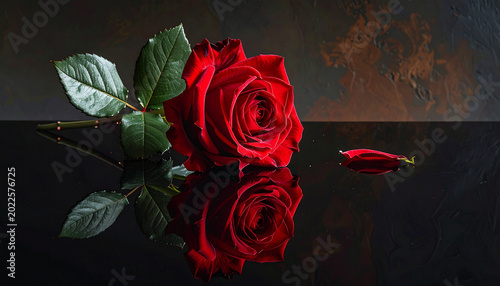 Vibrant red rose with reflection