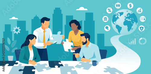 Teamwork. Build your way to international business. Solving a puzzle of a path leading to a globe symbolizing international success. Vector illustration. 
