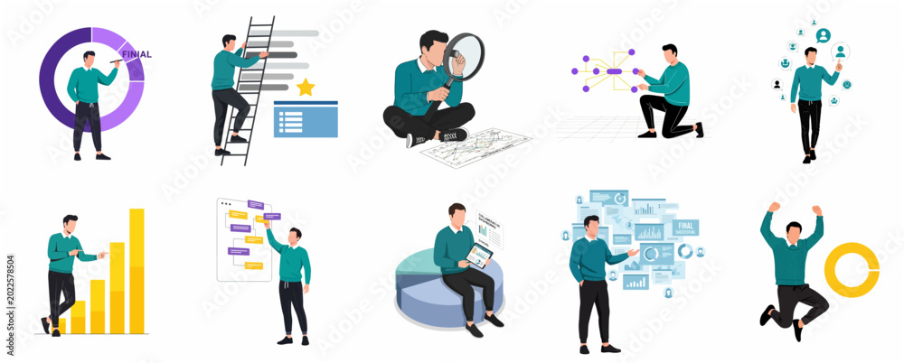 Fototapeta premium Set of Flat Business Illustrations Featuring a Professional Man for Data Analysis, Growth Strategy, and Success Concepts