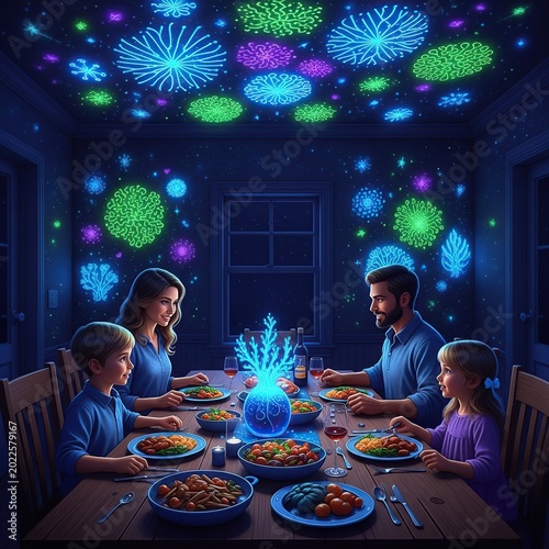 Family Dinner Under Festive Lights - A Joyful Gathering.