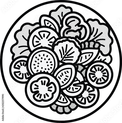 Healthy fresh garden salad line art illustration icon with bell pepper