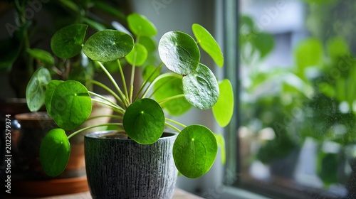 Vibrant green pilea peperomioides plant with round leaves in a textured gray pot, positioned near a window with soft natural light and blurred background