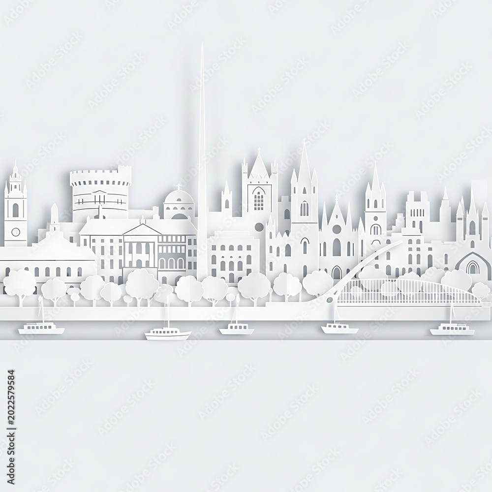 Fototapeta premium Paper-cut style cityscape with iconic buildings, boats on river, and trees