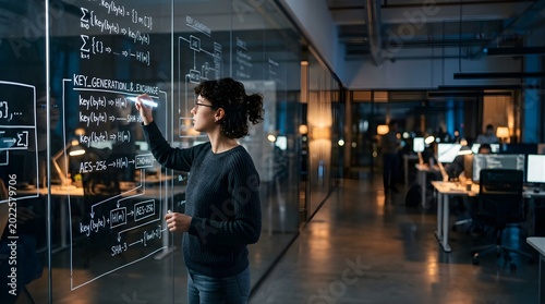 Software developer writing encryption algorithms on glass wall in office