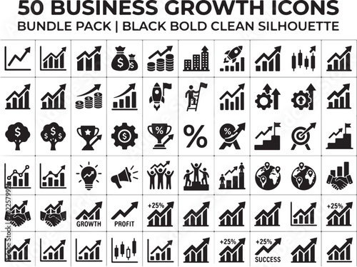 50 business growth icons, black bold clean silhouette, bundle pack, commercial symbols
