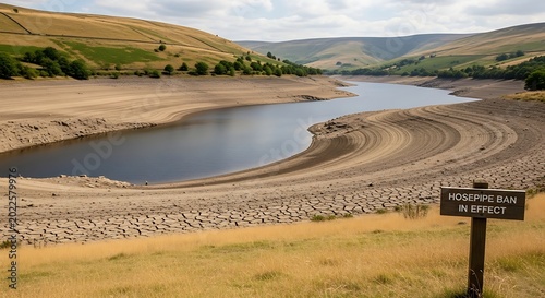 Parched reservoir with cracked earth banks and sign HOSEPIPE BAN IN EFFECT