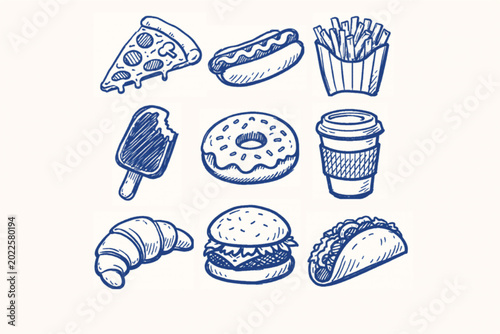 Bild auf Leinwand Hand drawn fast food vector icons, blue ink sketch of 9 junk food elements, vint