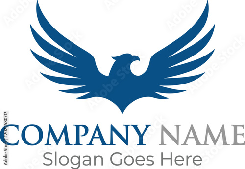 Blue eagle logo design, modern business branding template with wings spread, professional corporate identity symbol representing strength and freedom