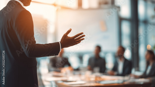 Close up of businessman talking during office presentation, realistic corporate atmosphere