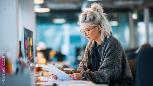 Authentic portrait of woman reading report at desk, shallow focus, modern office environment