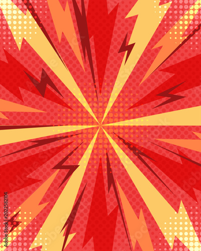 Comic Book Speed Lines Zoom Background with Lightning Bolts and Halftone Dots