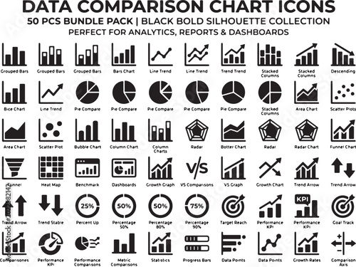 Data comparison chart icons, 50 pcs bundle pack, black bold silhouette collection for analytics, reports, dashboards