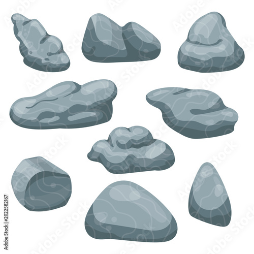 Cartoon Gray Rocks and Stones Vector Illustration Set - Isolated Flat Stone Clipart Collection