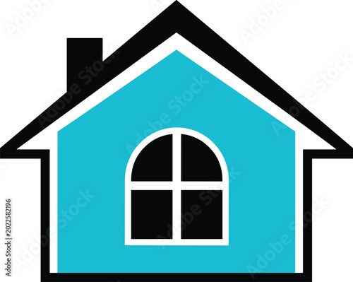 Blue house icon with black roof, chimney, and arched window, isolated simple vector illustration for real estate property logo.