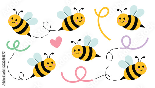 Cute bee illustrations set with flight paths and heart vector graphics