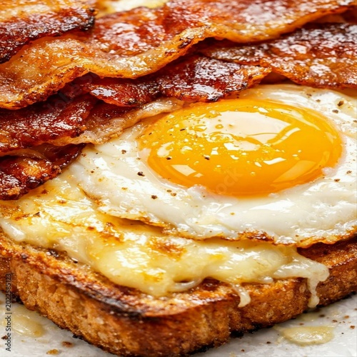  Delicious breakfast close up with a sunny side up fried egg seasoned with black pepper served on top of crispy savory bacon stripes and toasted bread for morning nutrition 