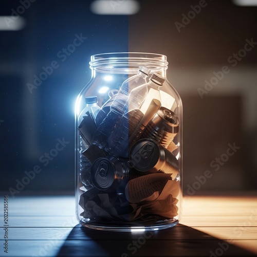 Jar of coins illuminated with light and shadow.