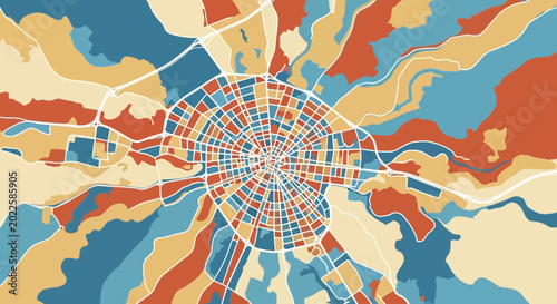 Abstract aerial view of a city map with vibrant colorful districts and winding roads, artistic urban planning illustration