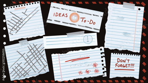 collection of torn paper notes with handwritten scribbles and reminders colorful flat illustration