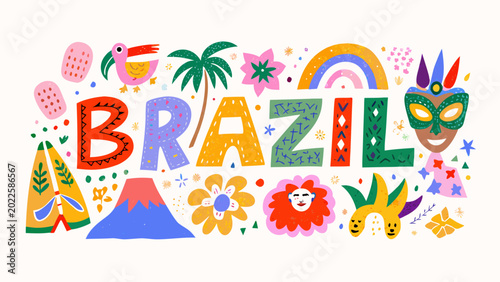Brazil typography illustration with colorful tropical elements flowers animals and landscape features