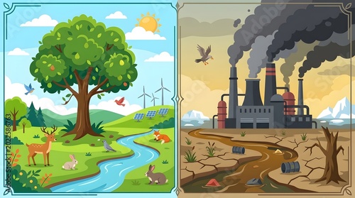 Comparison of clean environment with nature and polluted industrial landscape with factory smoke and dead nature