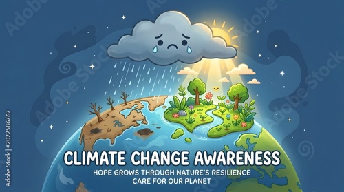Climate change awareness illustration showing earth with a barren side and a lush green side
