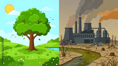 Comparison of a healthy green nature landscape and a polluted industrial environment with factory smoke