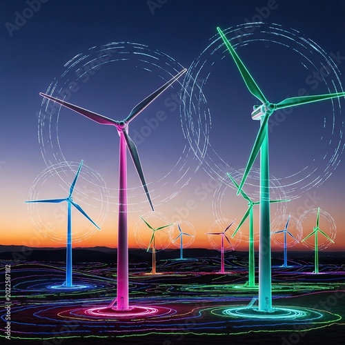 Vibrant Wind Turbines Generating Clean Energy at Sunset.