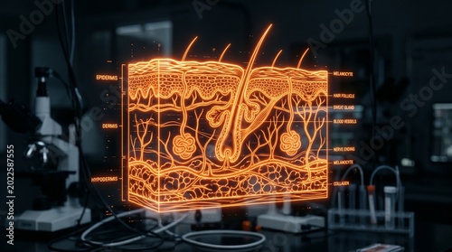 Glowing 3D hologram shows a human skin cross section with hair follicles and tissue layers. Concept dermatology, skincare, biotech, medical education, diagnostics, research. Generative AI.