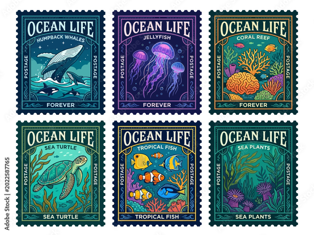 Obraz premium Ocean Life Postage Stamps Collection Featuring Whales, Jellyfish, Coral Reefs, Sea Turtles, Tropical Fish, and Sea Plants