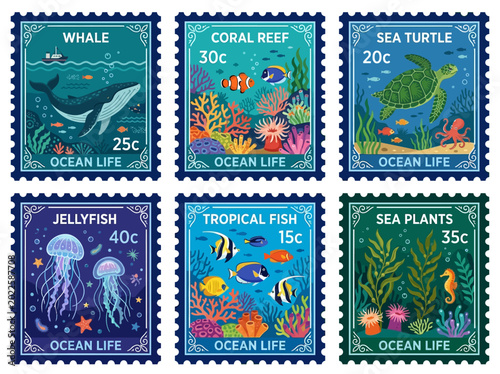 Ocean Life Collection Diverse Marine Creatures and Ecosystems Depicted on Artistic Postage Stamps for Collectors