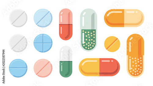 Bild auf Leinwand Colorful set of flat medical pills and capsules illustration Vector